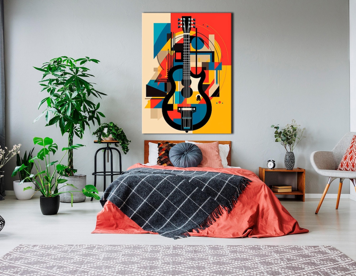 Stylised black guitar with visible strings on a geometric red, teal and yellow pop-art background detail view
