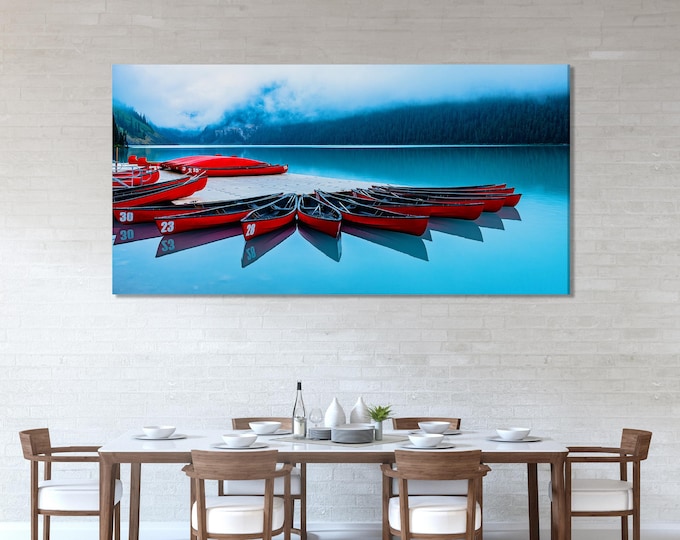 Canoe Canvas Art - Lake Louise Wall Art, Red Canoes Lake Print, Canoe Wall Art, Canadian Landscape Decor, Lake Louise Nature Photography Art