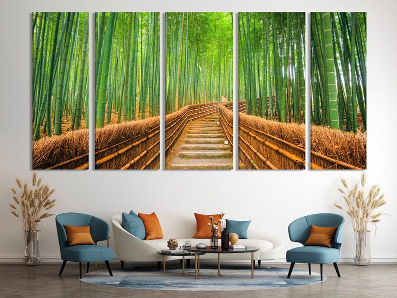 Green bamboo forest with a receding stone path and warm golden grass