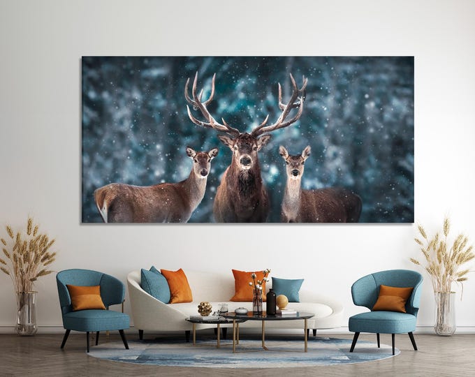 Wild Deer Canvas Art - Winter Forest Wall Art - Snow Wildlife Canvas Print - Stag Portrait Art Print, Deer Wall Art, Deer Wall Decor Print