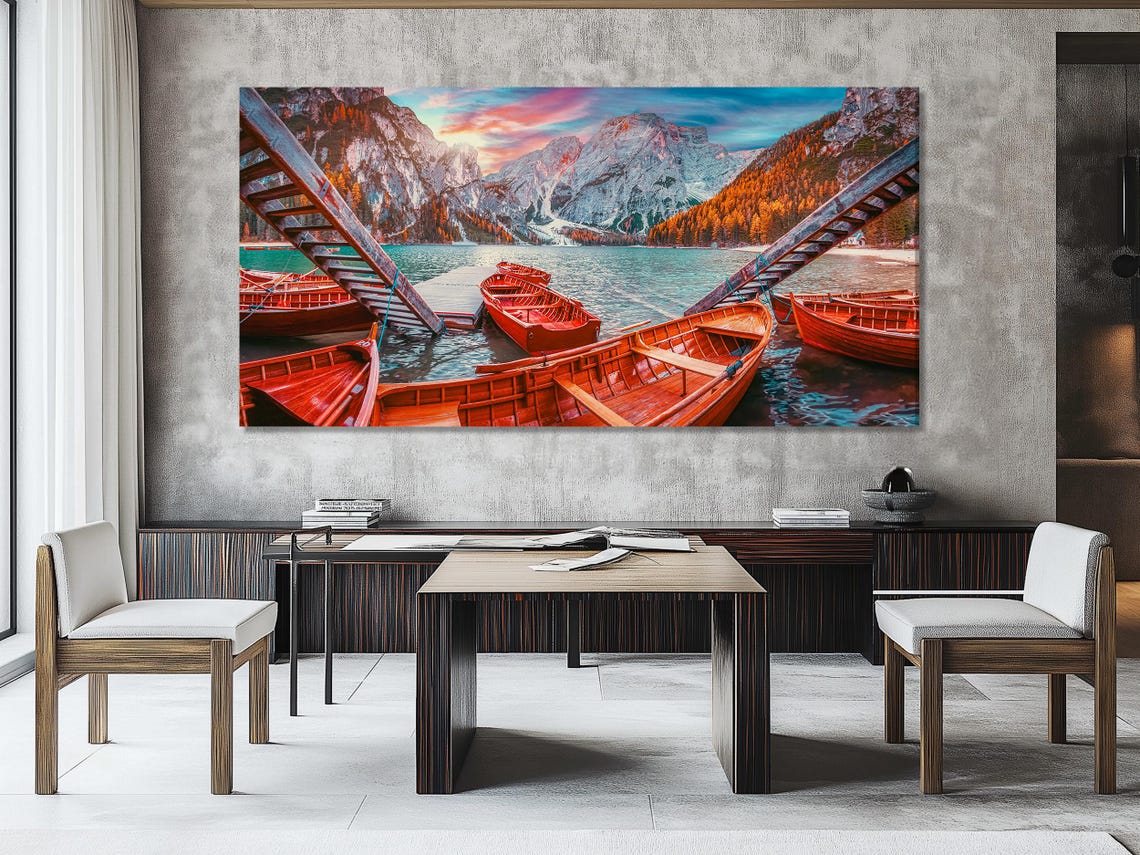 Room mockup with a five-panel alpine lake wall artwork above a table and chairs