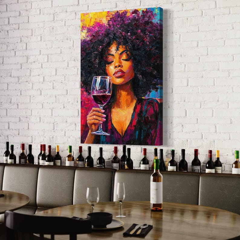 Stylised portrait of a woman with afro hair holding a wine glass in vivid magenta, orange and black tones