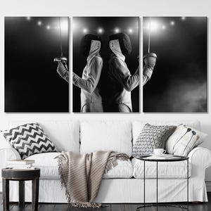 Impression sur toile d'escrime, art sportif noir et blanc, décoration murale Duel N&B, oeuvre d'art d'athlète d'escrime, décoration murale grand escrimeur, idée cadeau impression d'art