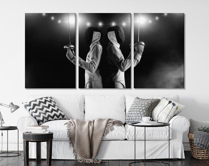 Fencing Canvas Print, Black and White Sports Art, Duel B&W Wall Decor, Fencing Athlete Artwork, Large Fencer Wall Decor, Art Print Gift Idea