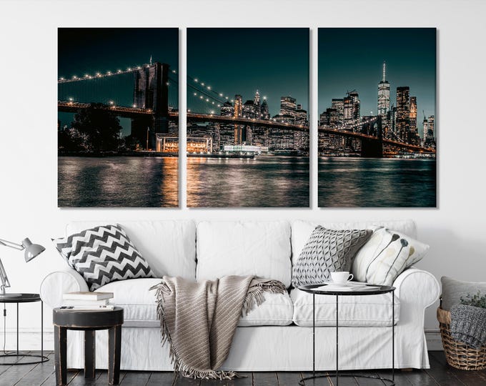 Brooklyn Bridge Canvas Print, New York City Skyline Wall Art, Large Nightscape Artwork, Iconic NYC Landmark, Modern City Art Office Decor