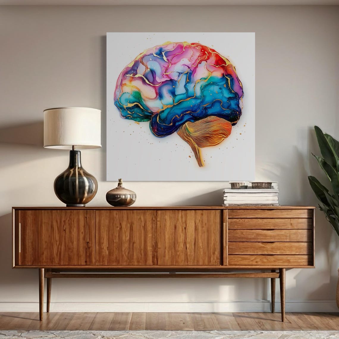 Room mockup showing a wall with a colourful abstract brain artwork above a bench