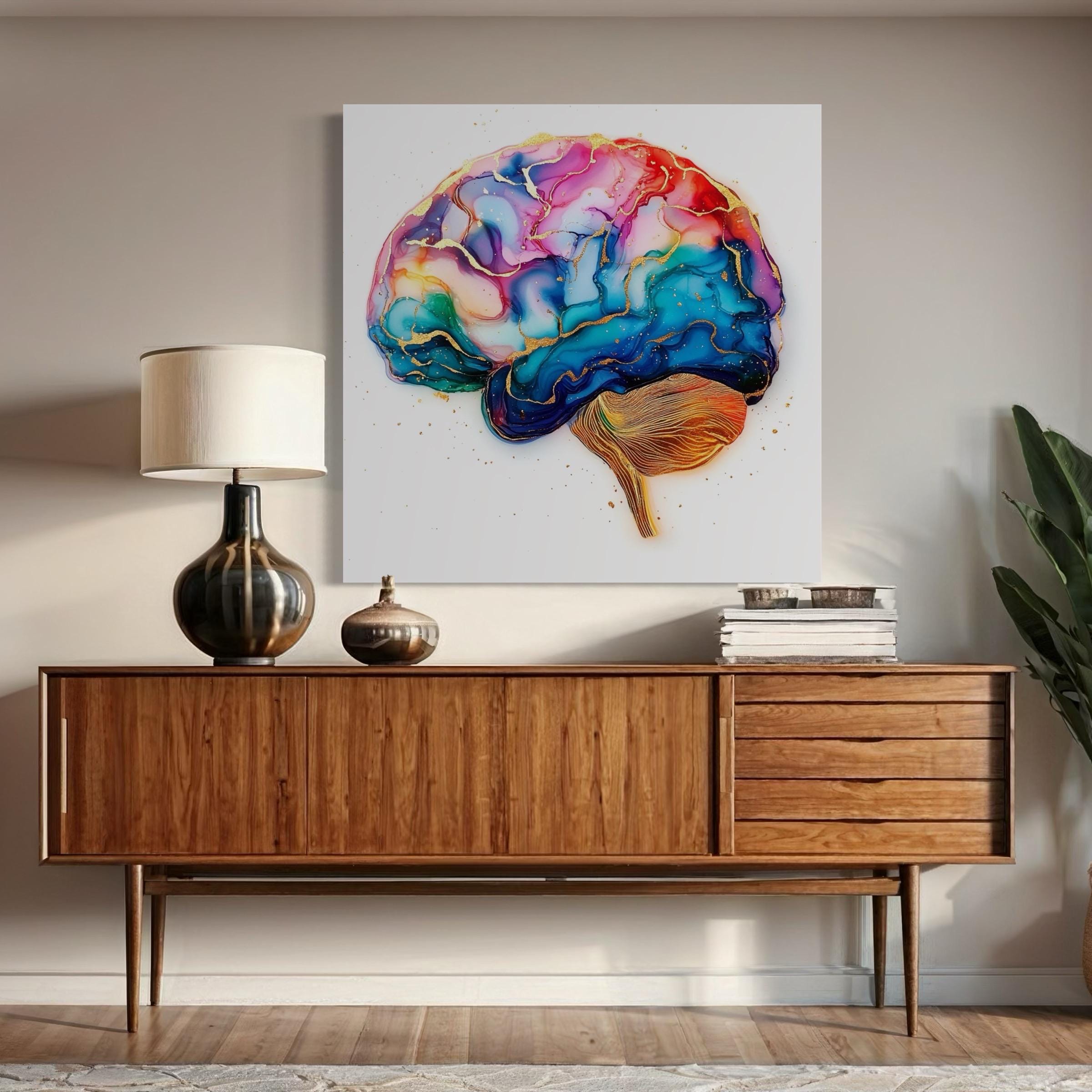 Room mockup showing a wall with a colourful abstract brain artwork above a bench