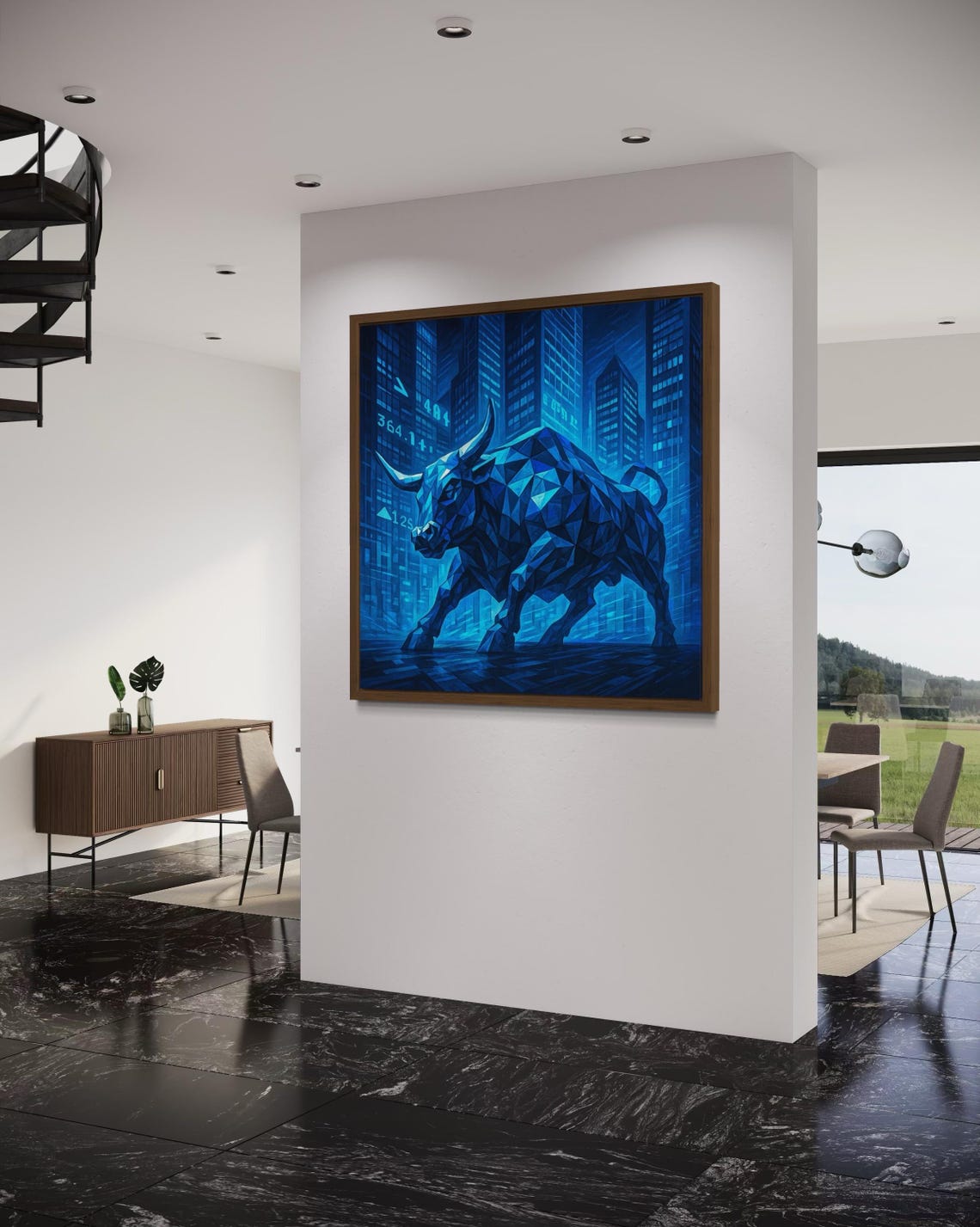 A geometric blue bull stands in a stylised city canyon, its facets catching bright cyan highlights against deep navy buildings and street markings