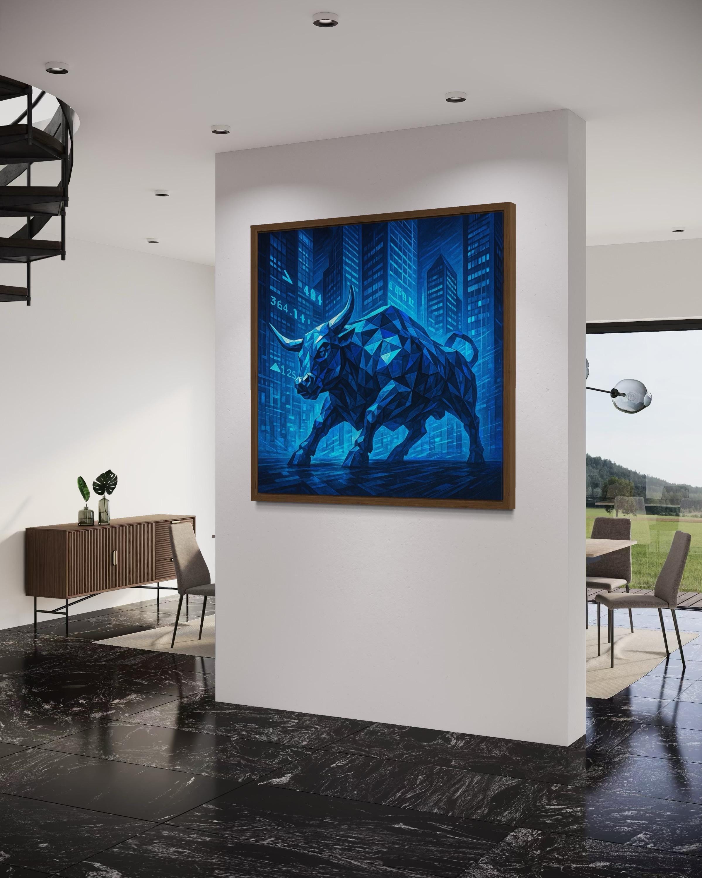 A geometric blue bull stands in a stylised city canyon, its facets catching bright cyan highlights against deep navy buildings and street markings