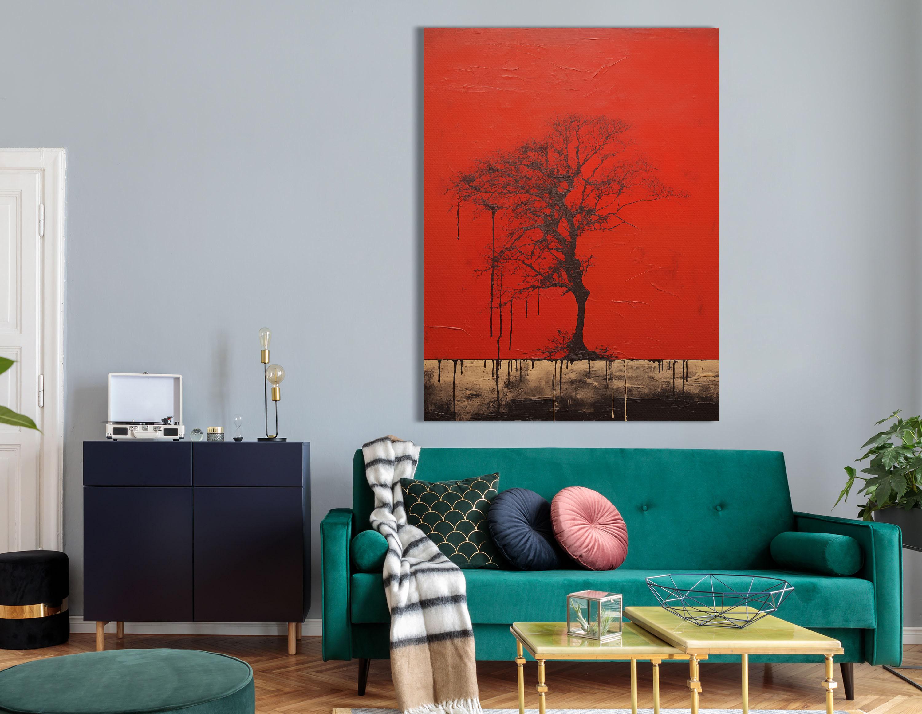 Crimson tree silhouette wall art with dark branches and dripped charcoal details detail view