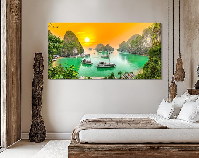 5 panel Halong Bay sunset wall art, large tropical canvas set, framed nature prints, Vietnam coastal decor, living room landscape art
