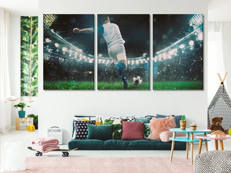 Photorealistic football player in a rainy stadium lit by bright floodlights
