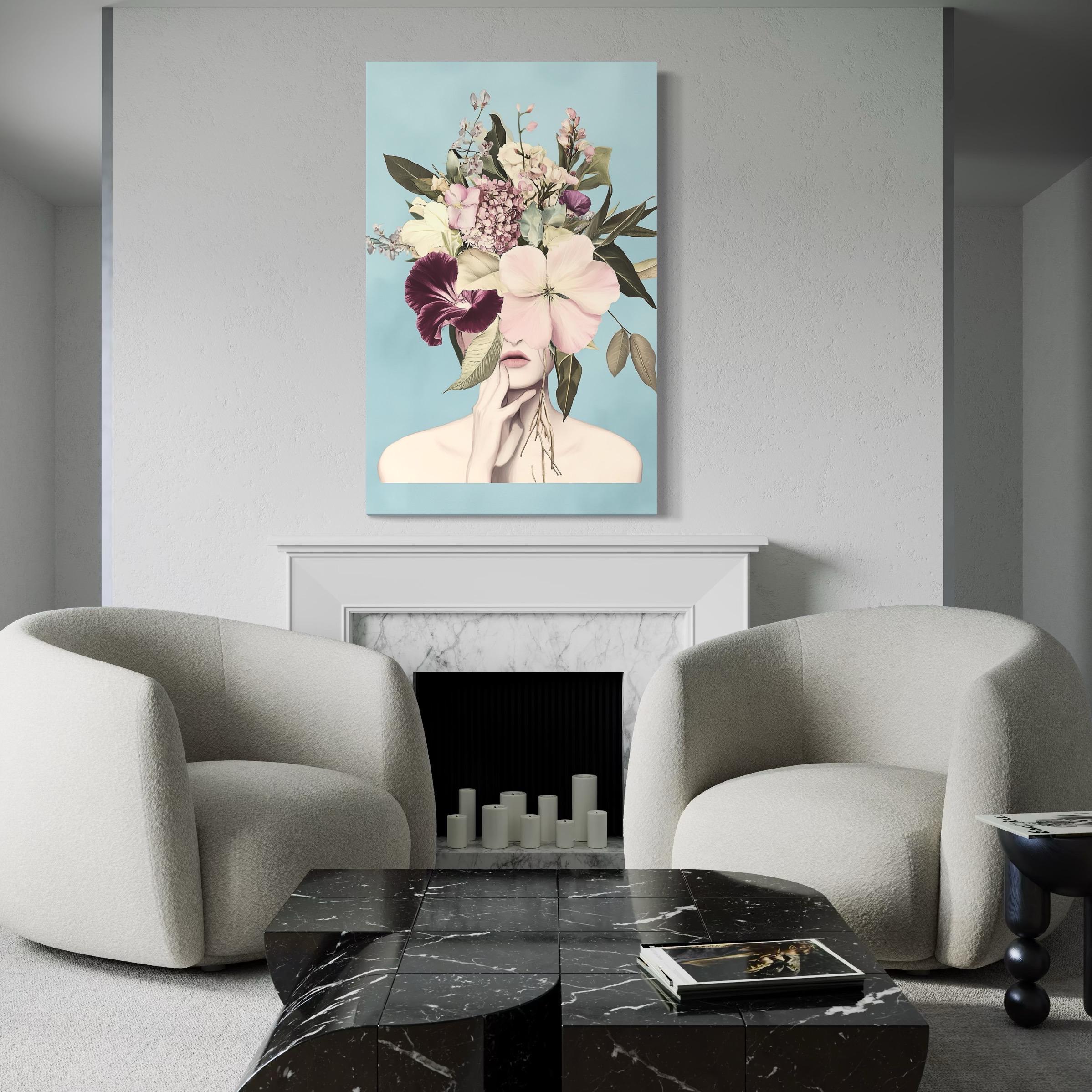 Artwork of a pastel floral woman portrait displayed above a sofa in a living room mockup