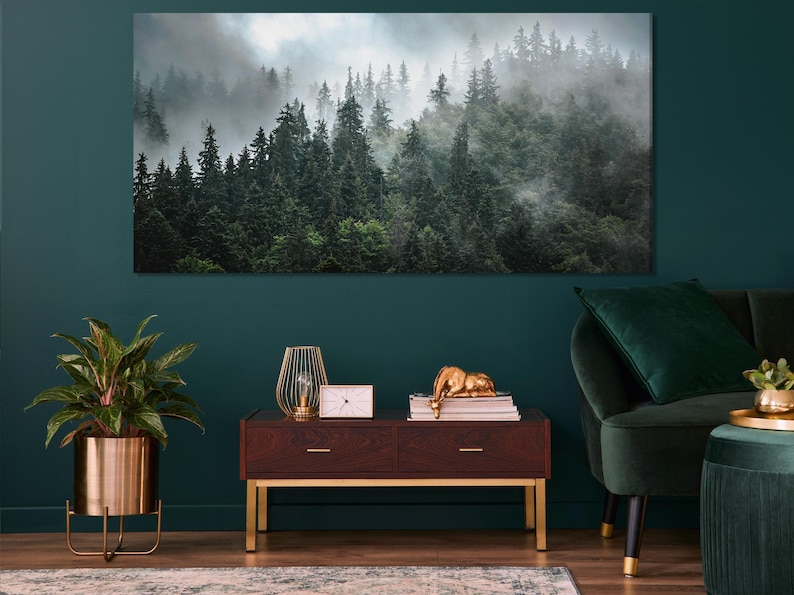 Misty forest landscape artwork with dark conifer trees fading into fog