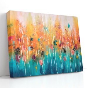 Turquoise & Sunset Orange Abstract Floral Canvas Art – Colorful Modern Boho Drip Wall Decor for Living Room or Entryway, Gift for Mom