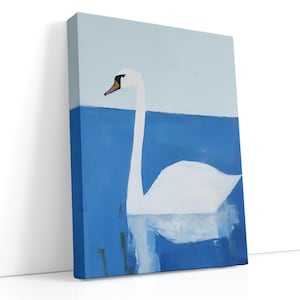 Modern Swan Canvas Art – Sky & Navy Abstract Bird Painting, Minimal Scandinavian Coastal Wall Decor for Living Room, Gift for Bird Lover