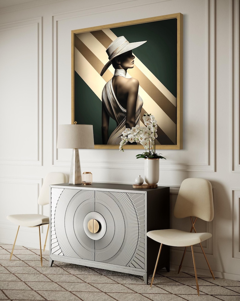 Art Deco style portrait of a woman in profile wearing a striped wide-brim hat against gold diagonals and deep green