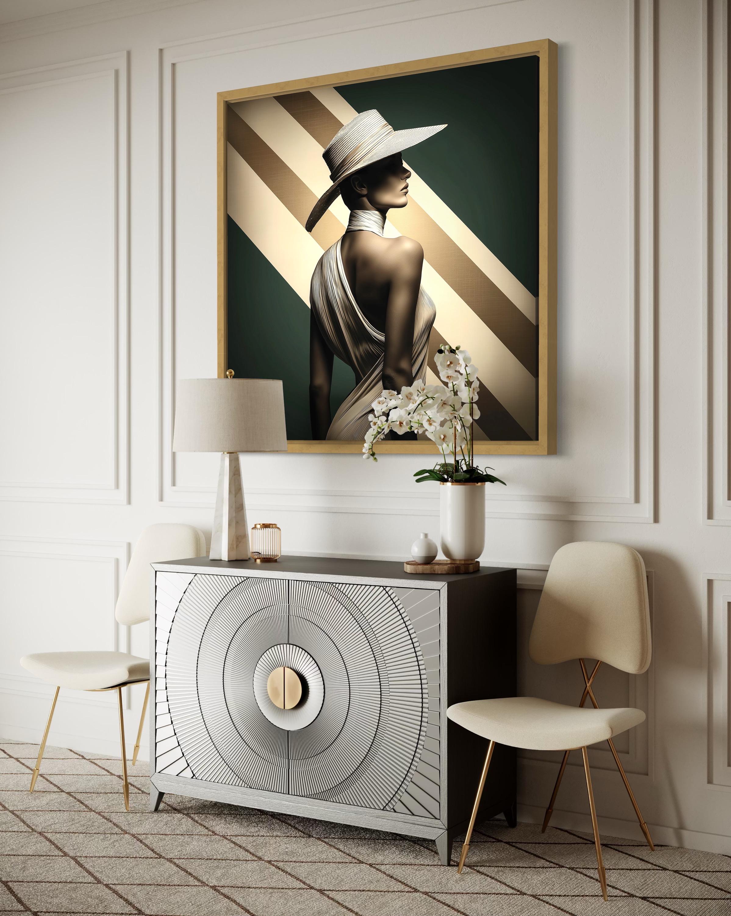 Art Deco style portrait of a woman in profile wearing a striped wide-brim hat against gold diagonals and deep green