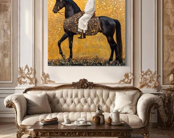 Arabic Wall Art - Black Stallion Canvas Art, Middle Eastern Horseman Painting, Luxury Arab Horse Decor, Gold Islamic Artwork, Horse Wall Art