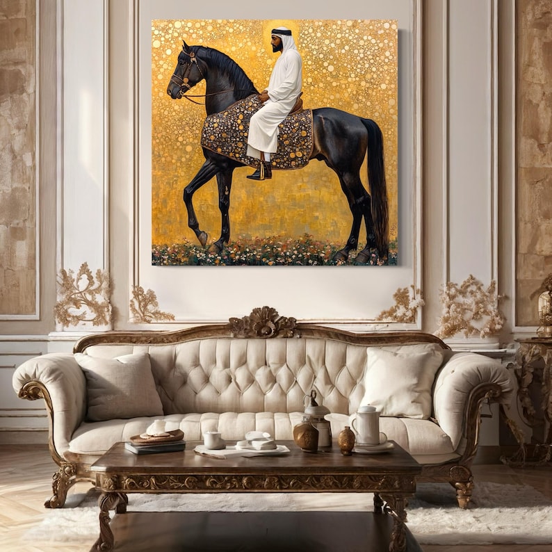 A black horse ridden by a robed man stands in profile against a golden patterned background with a floral strip at the bottom
