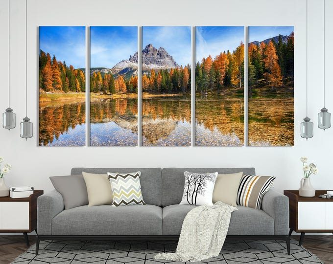 Italian Dolomites Print Autumn Landscape Wall Art Large Mountain Canvas Art Lake Canvas Print Nature Living Room Art Print Office Wall Decor