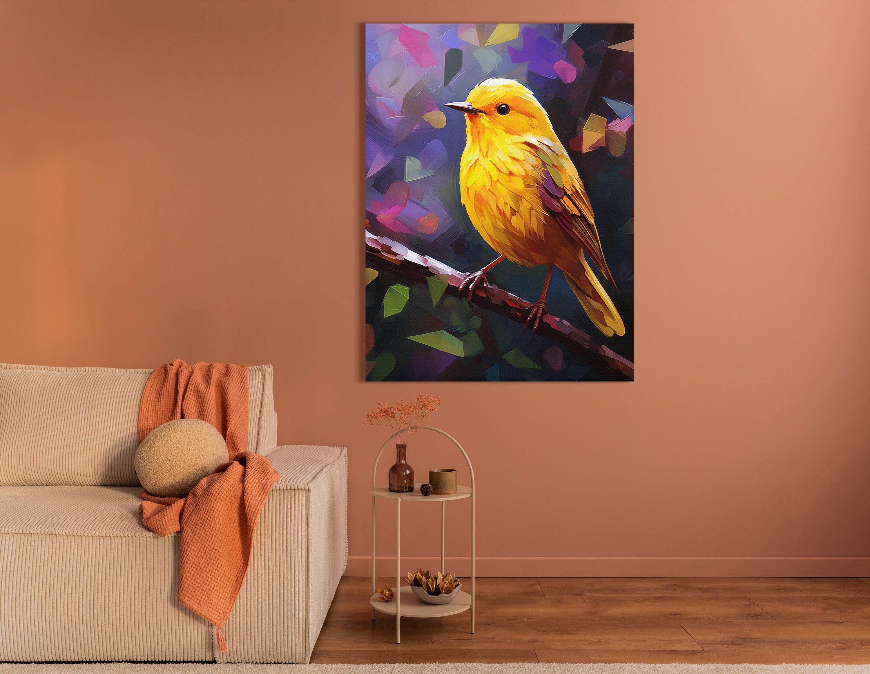 Stylised yellow and orange bird portrait with layered feathers on a purple and pink geometric background detail view