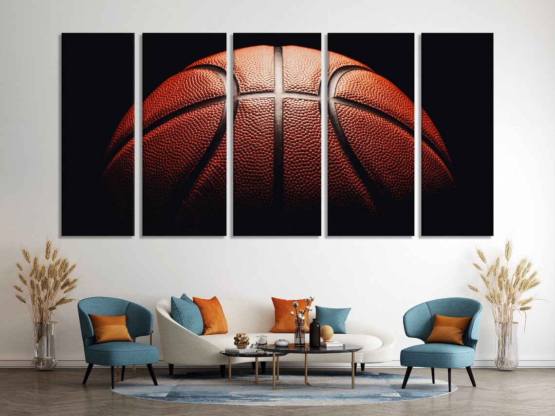 A macro basketball close-up is split across three panels, showing textured orange ball surfaces with bold black shadows and pale curved seam lines