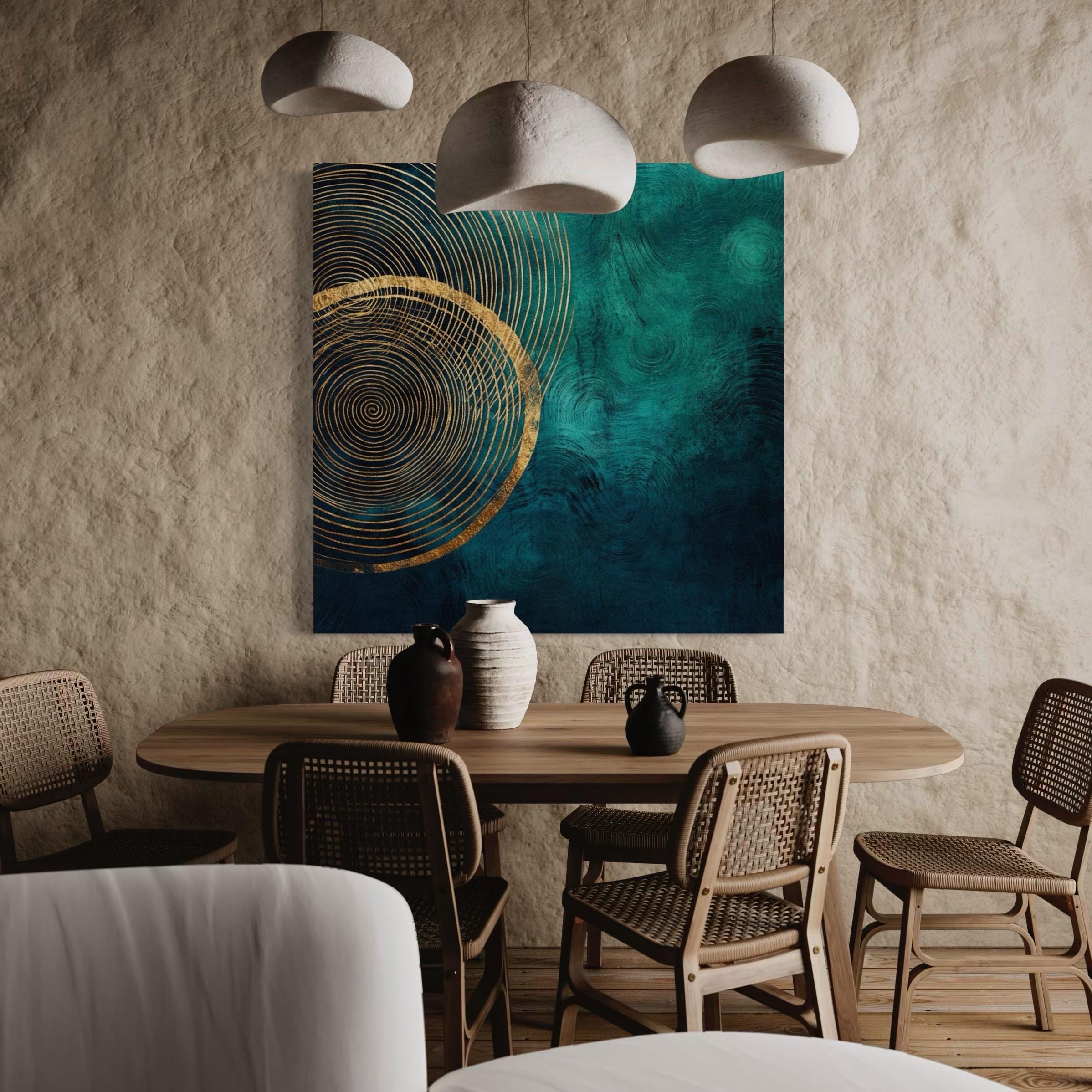 Abstract emerald teal design with concentric tree-ring lines in deep navy and gold accents, plus a small sprig detail view