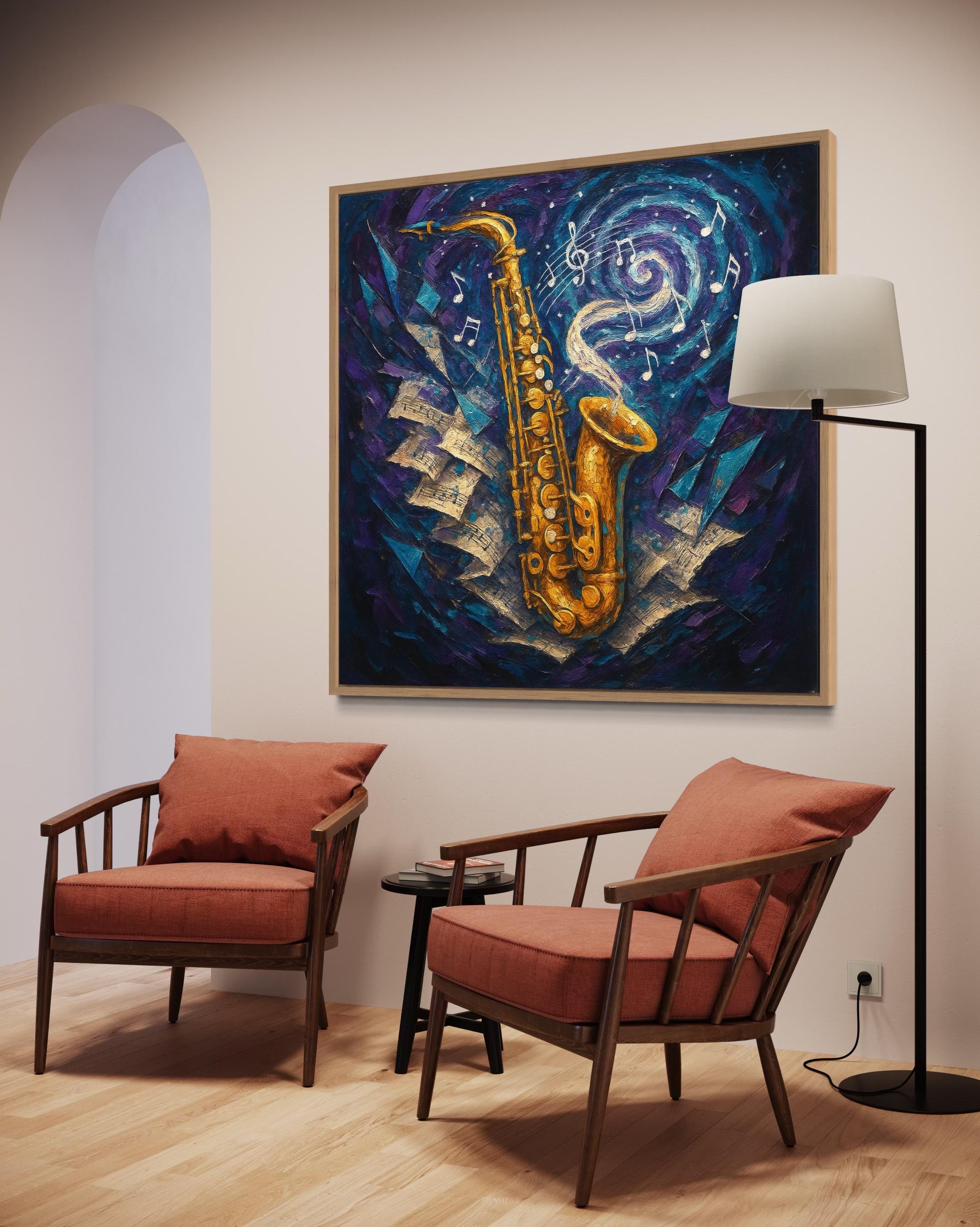 Abstract saxophone in warm gold with musical notes over swirling deep blue and purple background detail view