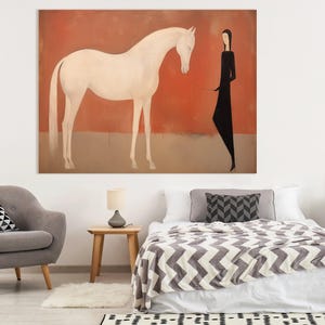 White Horse & Minimalist Woman Canvas Art – Modern Terracotta Figurative Painting, Mid-Century Boho Equine Wall Decor, Gift for Horse Lover image 7
