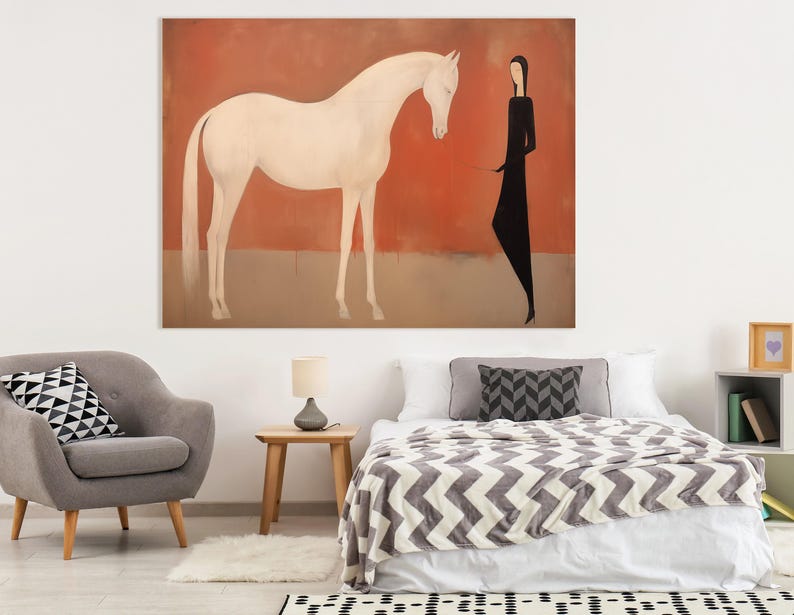 White Horse & Minimalist Woman Canvas Art – Modern Terracotta Figurative Painting, Mid-Century Boho Equine Wall Decor, Gift for Horse Lover image 7