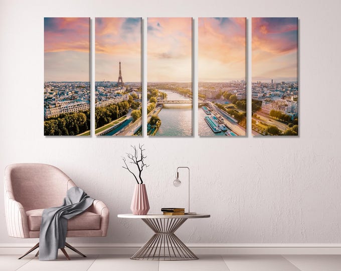 Paris Aerial Canvas Print, Large Eiffel Tower Wall Art, Oversized River Seine Summer Panorama, Romantic French Wall Decor, Soft Pink Artwork