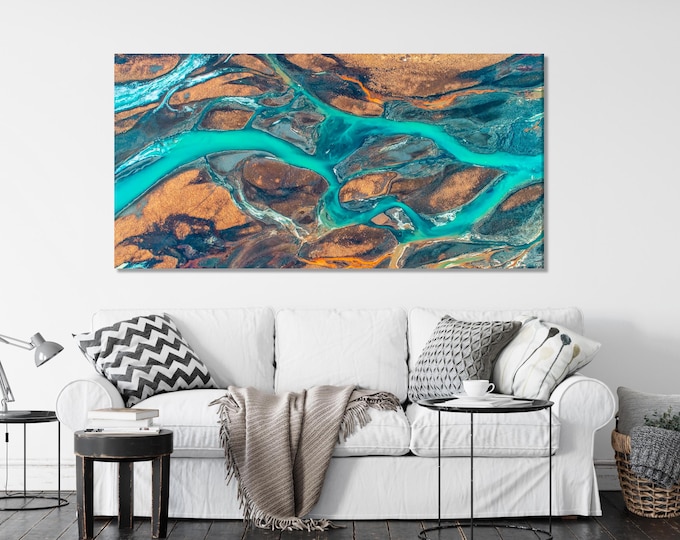 Abstract Landscape Wall Art - Iceland River Aerial Canvas Print, Large 5 Panel River Artwork, Turquoise Water Flow, Earth Tones Nature Decor