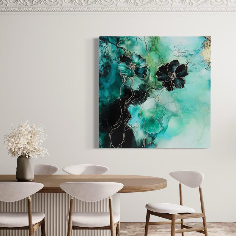 Abstract teal floral artwork with dark outlined blossoms, marbled turquoise background and gold speckles