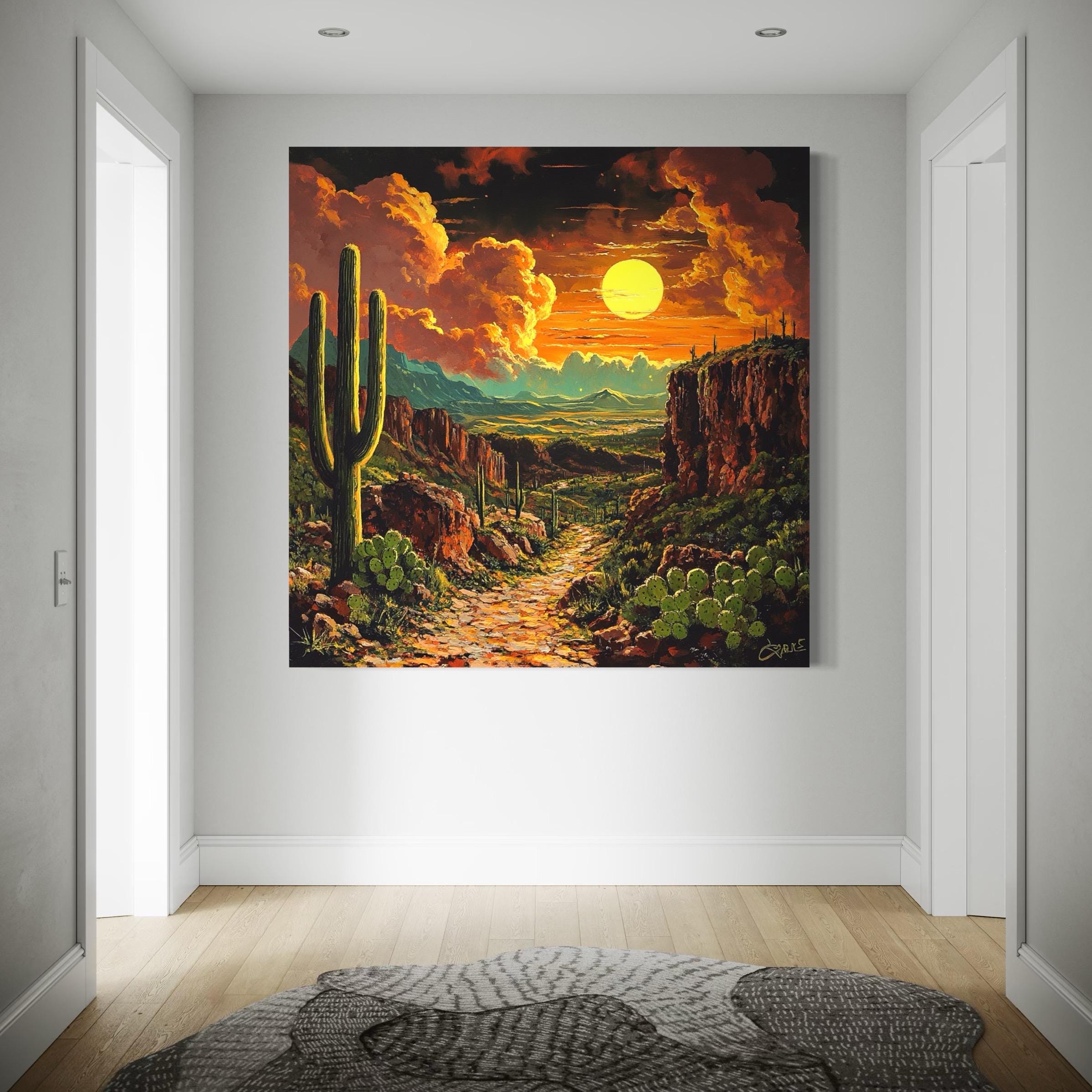 Desert sunset landscape wall art above a bed in a bright room