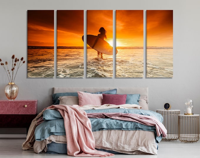 Sunset Surfer Canvas Print, Golden Ocean Waves Wall Art, Large Beach Adventure Artwork, Vibrant Surfing Artwork for Coastal Decor Gift Idea