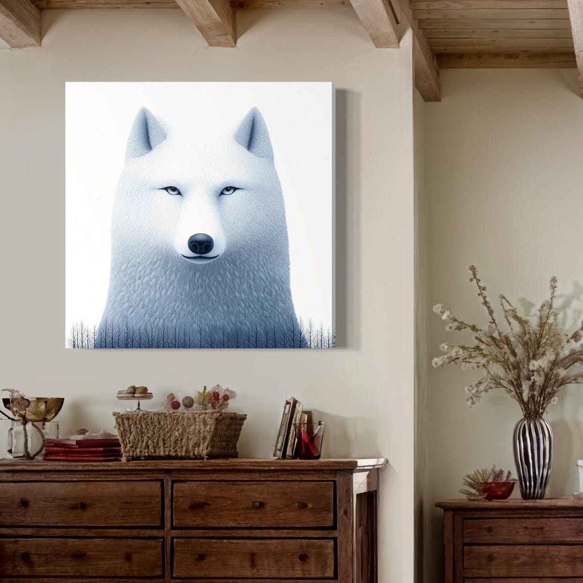 Wolf portrait artwork displayed in a bright room setting