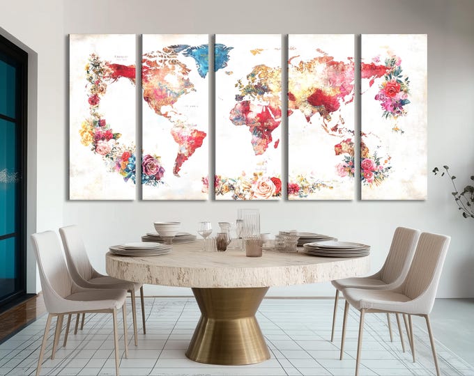 Floral World Map Canvas Art Abstract Map Wall Decor Watercolor World Map Painting Flower Travel Print Colorful Home Interior Art