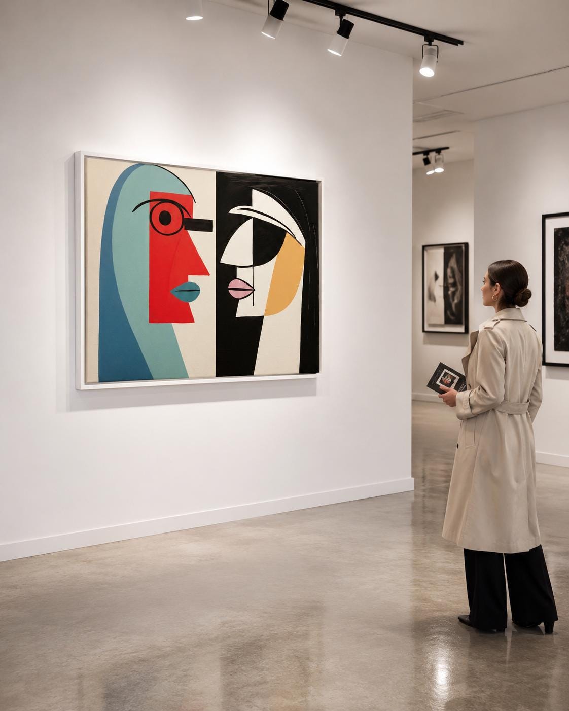 A geometric, cubist-style couple of abstract faces sits within a two-panel composition, using bold red, teal, black and white with warm ochre accents
