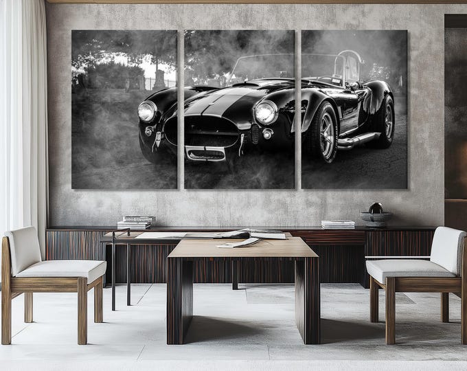 Vintage Cobra Sports Car Canvas, Classic Black Shelby Cobra Wall Art, Retro Muscle Car Artwork, Black and White Car Photography, B&W Classic