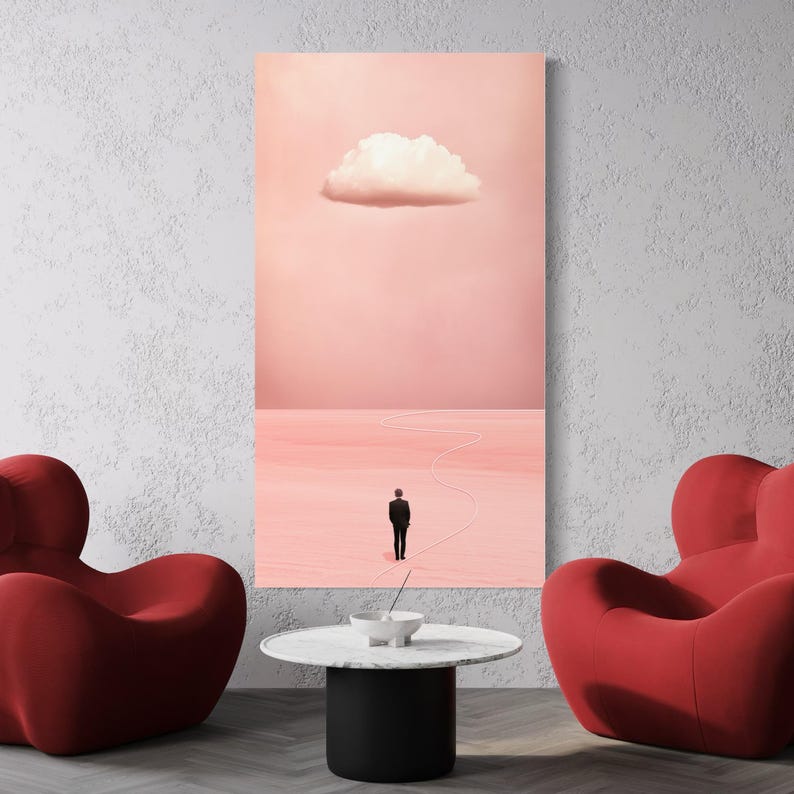 Blush pink surreal artwork with a white cloud and a winding line leading to a small lone figure