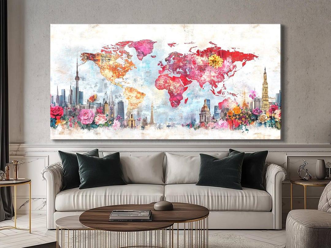 Floral Cityscape World Map Art Canvas Abstract Skyline Painting ...
