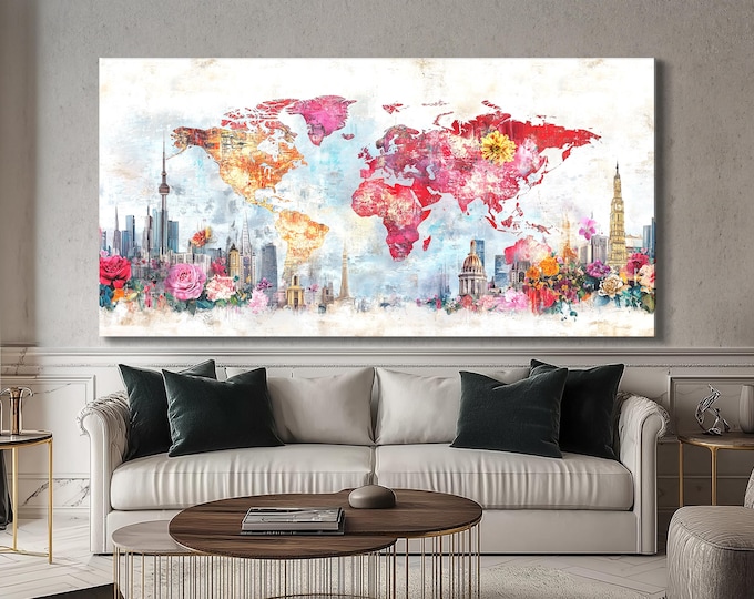 Floral Cityscape World Map Art Canvas Abstract Skyline Painting Colorful Flower Map Print Travel Inspired Home Interior Wall Decor