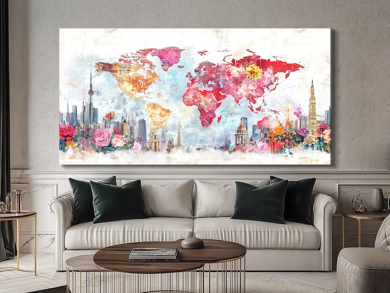 Stylised world map with red and magenta regions, city skyline silhouettes and pink flowers