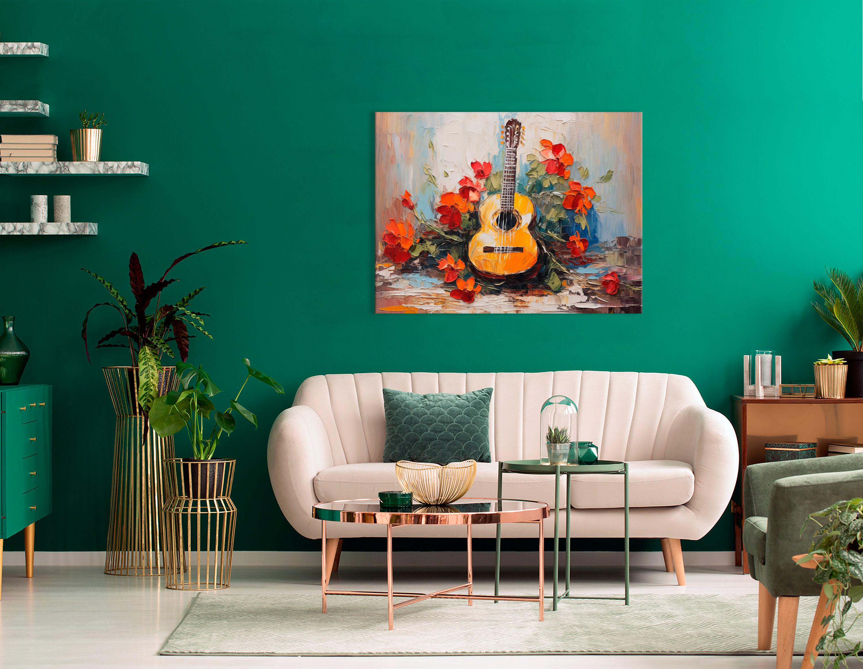 A textured guitar illustration is surrounded by vivid red orange flowers and green leaves on a light, painterly background with layered impasto marks