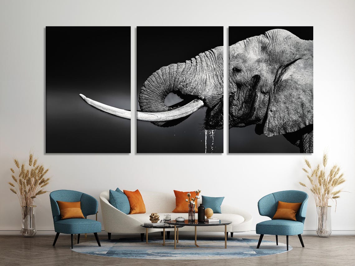 Room mockup showing a monochrome elephant artwork above a sofa
