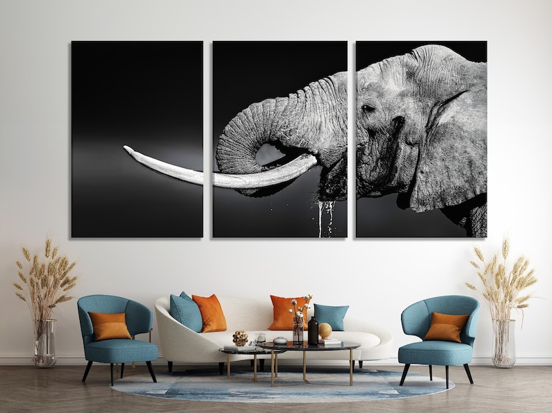 A black-and-white elephant portrait is shown in close crop, alongside a curved tusk detail, with deep shadows and textured skin highlights