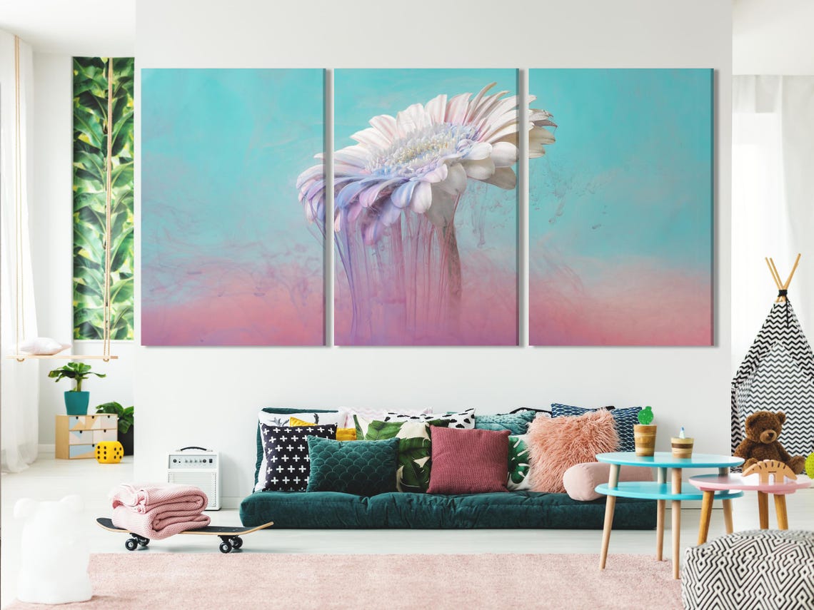 Five-panel pastel floral artwork with a white blossom over blue and pink gradients detail view