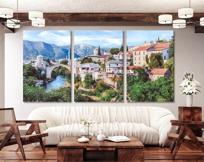 Mostar Old Town Canvas Art Print, Iconic Stari Most Bridge Wall Art, Oversized Bosnia and Herzegovina Landscape Artwork, Rustic Interior Art