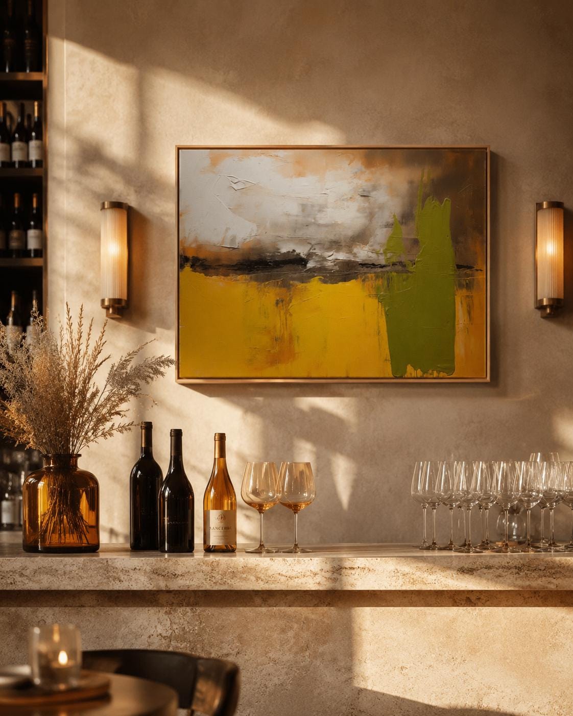 Abstract painting in mustard yellow, olive green, cream and dark charcoal with textured brush marks detail view
